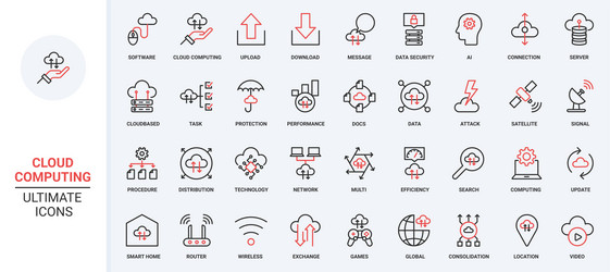 cloud computing red black thin line data transfer vector image