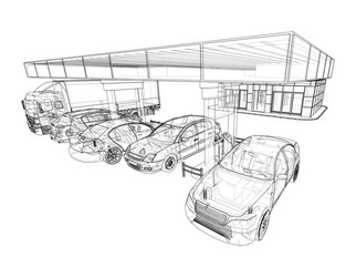 Electric car charging station with cars and truck vector