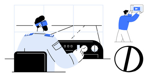 pilot operating aircraft controls while team vector image