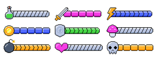 pixel video game icons loading progress bars vector image