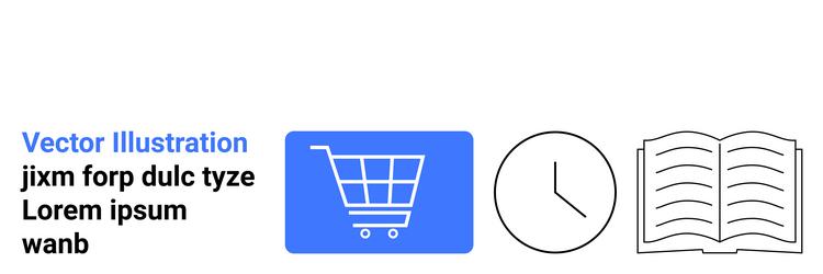 shopping cart clock and open book representing vector image
