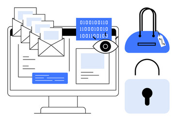 cybersecurity elements computer screen emails vector image