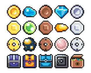 set 8-bit pixel graphics icons isolated vector image