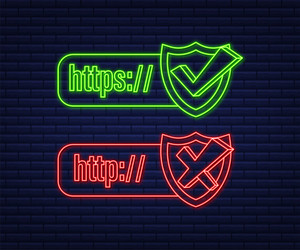 neon style http and https protocols on shield vector image