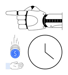 robotic hand pointing with clock and coins vector image