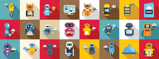 robot waiter icons set restaurant robots serving vector image