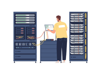 Network Technician Adjusting Server Rack vector image