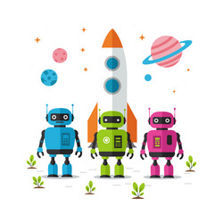 colorful robots with rocket and planets space vector image
