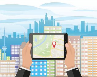 hand holds smartphone with navigation app vector image