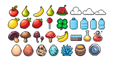 set 8-bit pixel graphics icons isolated vector image
