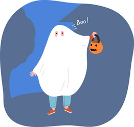 child wearing ghost costume and holding pumpkin vector