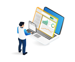 Isometric flat 3d concept of man analyzing data vector