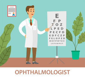 optometrist points to table for testing visual vector