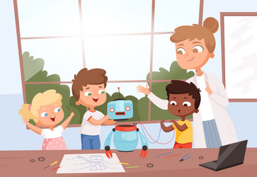 Kids with teacher robot programming future vector