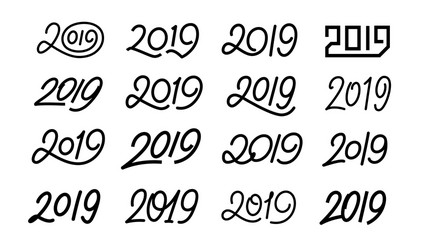 set of 2019 calligraphic numbers editable stroke vector