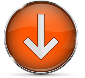 Orange down button with white arrow shiny 3d icon vector