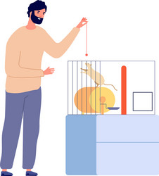 man plays with rat pets white rodent in cage vector