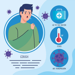 Man sick with thermometer and covid19 particles vector