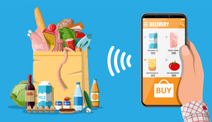 Hand holding smartphone with food shopping app vector