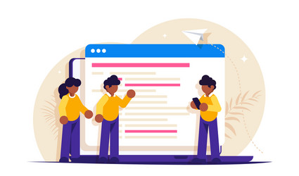 programmers discuss code on laptop screen vector image