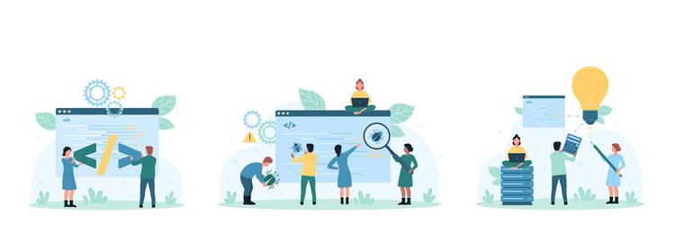 program code development and test set tiny people vector image
