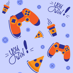 Seamless game pattern with joystick pizza coffee vector