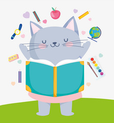 back to school cute cat reading book supplies vector