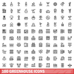 100 greenhouse icons set outline style vector