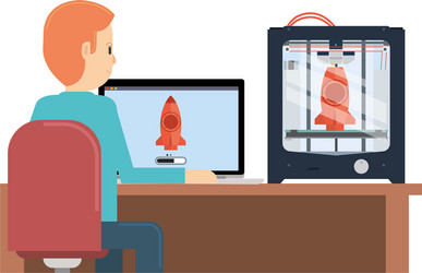 young boy printing a prototype using 3d printer vector image