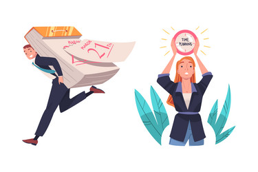 man and woman character planning time with clock vector image
