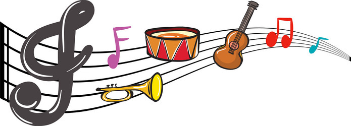 Musical instruments and music notes in background vector