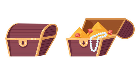 Open and closed pirate chest with treasure jewelry vector