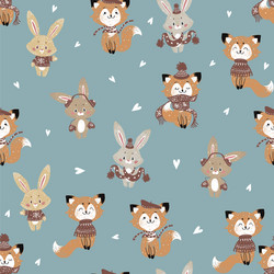 seamless pattern with cute bunny and fox in scarf vector