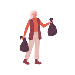 Woman volunteer holding trash bags full of garbage vector