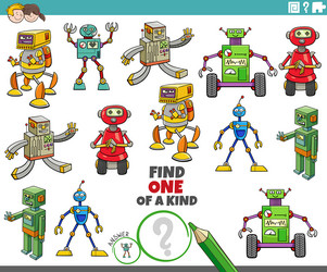 one of a kind task with cartoon robot characters vector