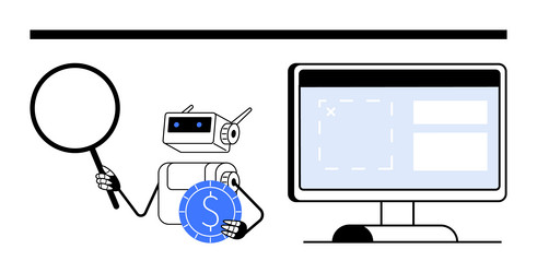 robot analyzing financial data with magnifying vector image