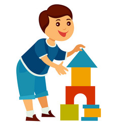 cheerful child builds high tower of colorful vector image