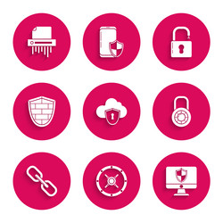 set cloud and shield safe computer monitor vector image