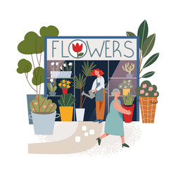 Small flower shop in local market with florist vector