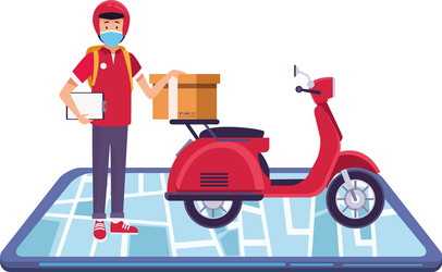 Smartphone with delivery worker using face mask vector