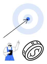 worker pointing at tablet and coin with arrow vector image