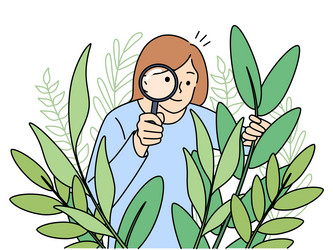 woman botanist with magnifier look at plants vector