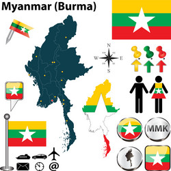Myanmar Map with Borders and Flags vector image
