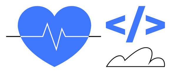 heartbeat line in blue heart with coding tags vector image