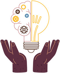 Light bulb with gears between hands creation vector