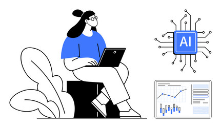 woman using laptop with ai chip and data chart vector image