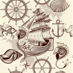 antique pattern with ship shells and map vector image