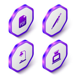 set isometric pdf file document pen table lamp vector image