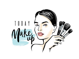 portrait of woman with cosmetic brush near face Vector Image
