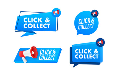 Megaphone label set with text click and collect vector